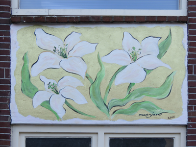 833032 Afbeelding van een muurschildering met bloemen van 'Maarjan' uit 2016, boven de deur tussen de panden Draaiweg ...